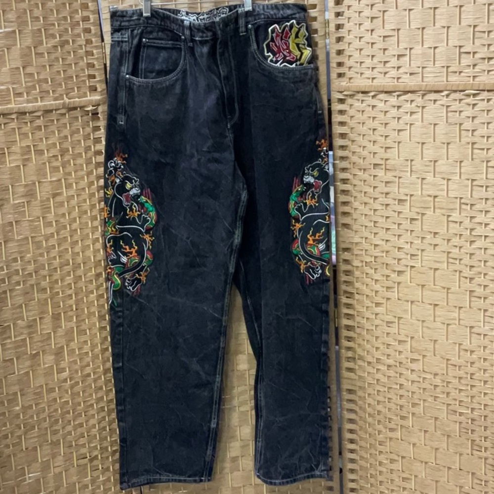Black Embroidered Dragon Men's Jeans